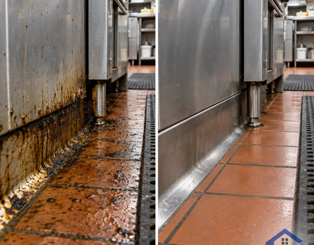 Before-and-after view of a commercial kitchen floor edge and base cove showing heavy grease buildup removed