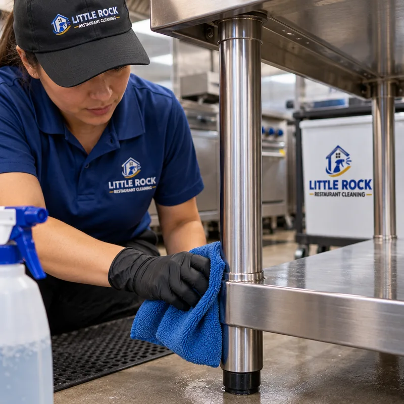 Cleaned stainless prep table legs and lower shelf with grease film removed from hard-to-reach areas