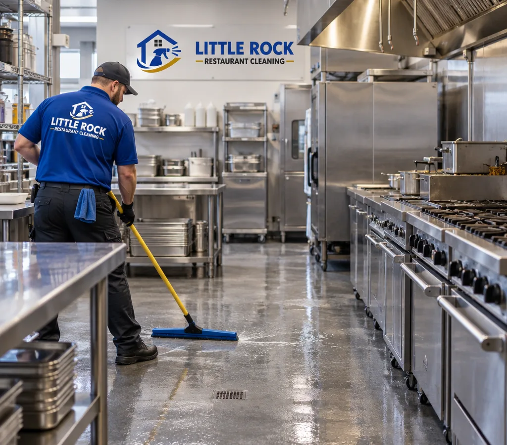 Wide-angle view of a clean commercial restaurant kitchen with stainless prep tables, range line, floors, and wall surfaces
