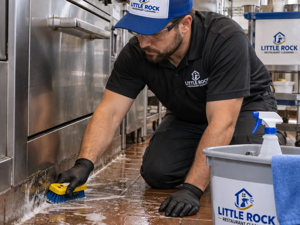 Technician in protective equipment scrubbing and degreasing a commercial kitchen floor edge and base cove near stainless equipment