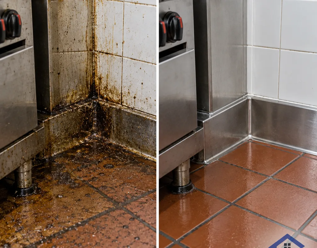 Before-and-after view of a commercial kitchen floor-to-wall edge showing removed grease buildup and restored edge cleanliness