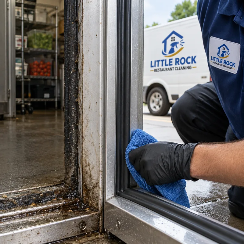 Walk-in cooler door gasket and threshold being cleaned with a visible contrast between treated and untreated areas