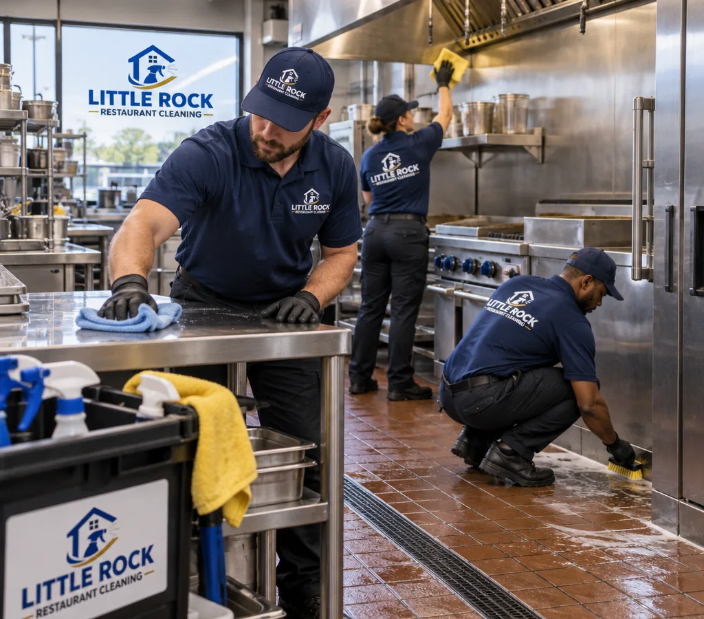 Commercial kitchen crew performing detailed restaurant deep cleaning on a Little Rock line, including stainless surfaces and floor edges