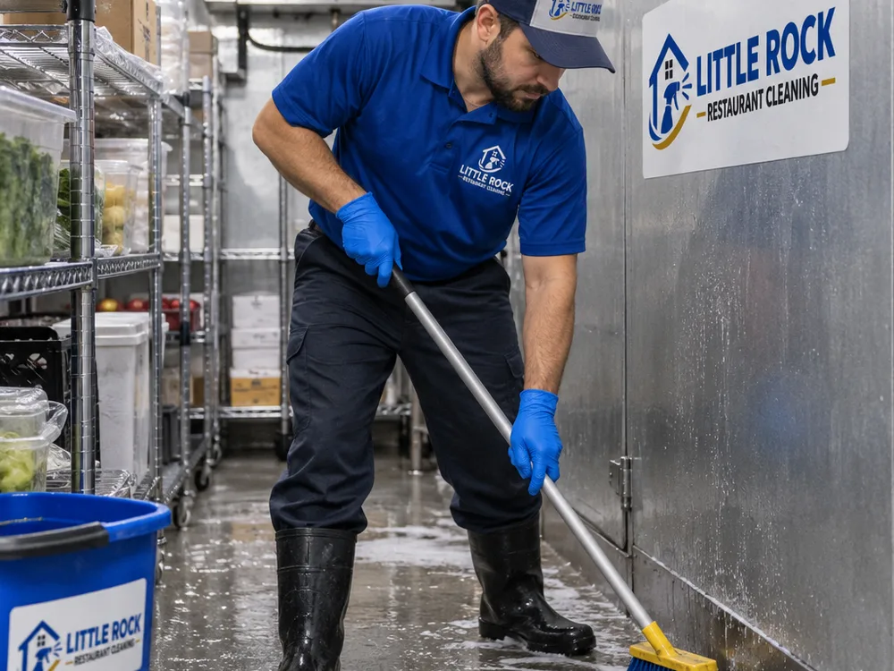 Technician cleaning a walk-in cooler floor and wall base with shelving cleared in sections and product protected