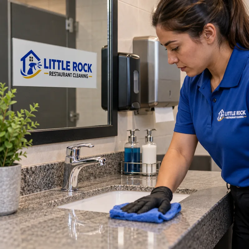 Clean restaurant restroom sink with polished mirror, disinfected counter, and stocked dispensers