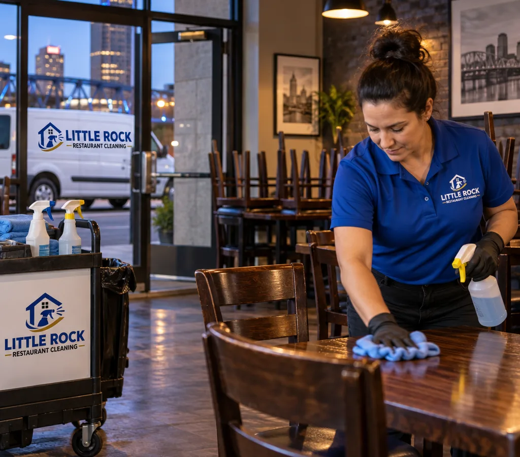 After-hours cleaning technician wiping dining room tables and chair backs in a Little Rock restaurant