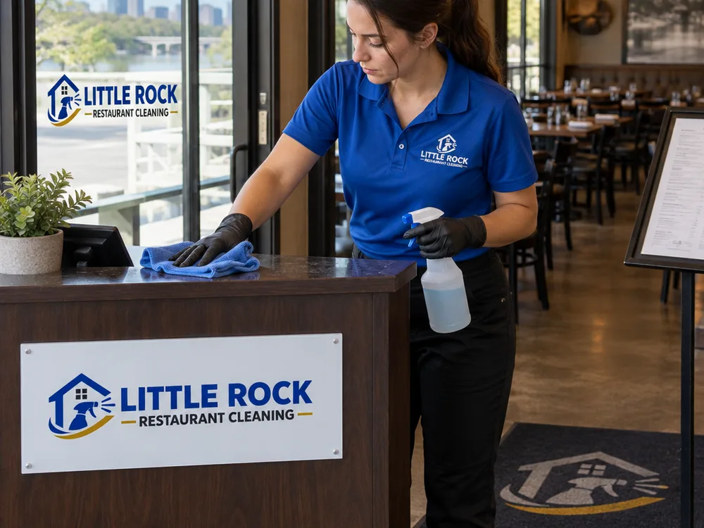 Cleaner detailing a restaurant host stand and entry glass with dining room seating visible