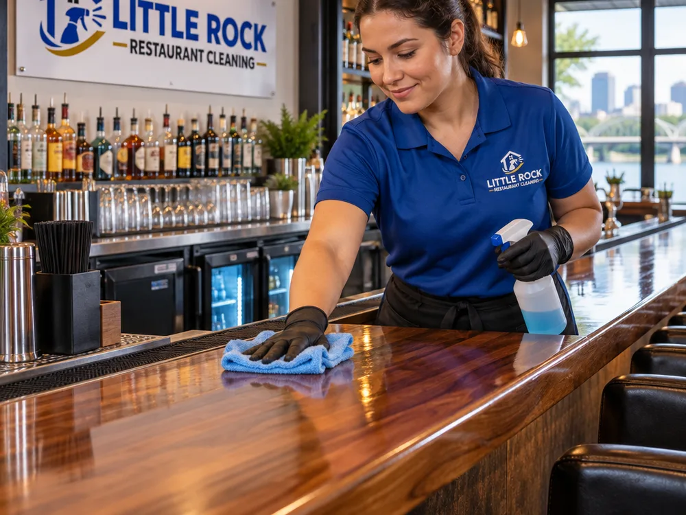Restaurant bar after cleaning with wiped bar top, clean rail, and sanitized high-touch points