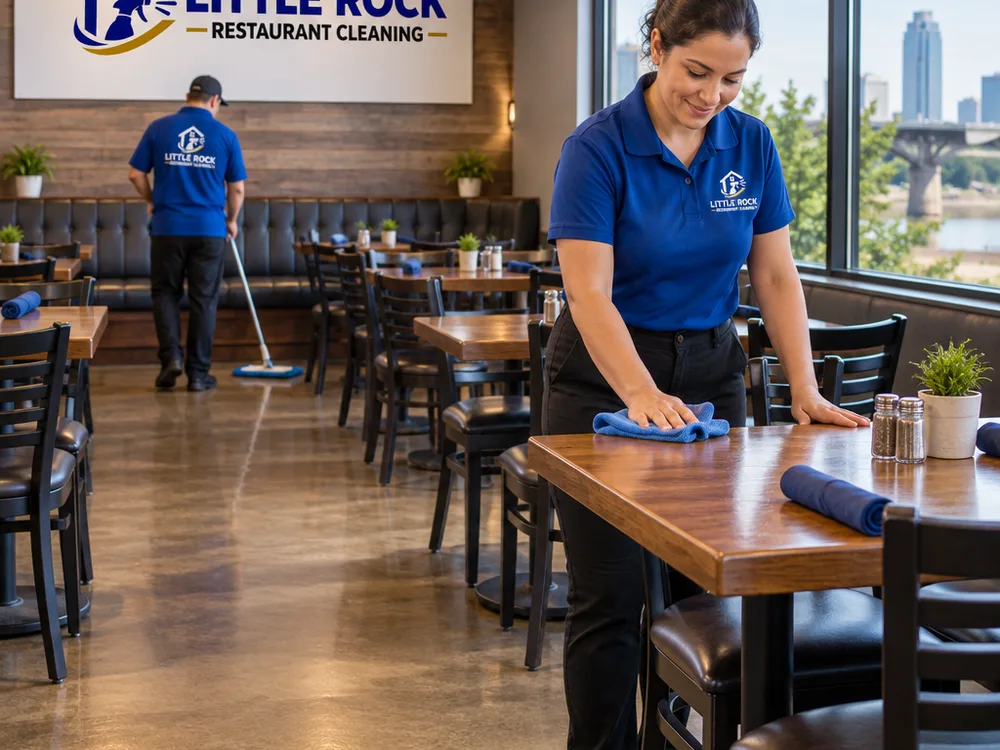 Clean reset restaurant dining room with aligned chairs, wiped tables, and debris-free floors