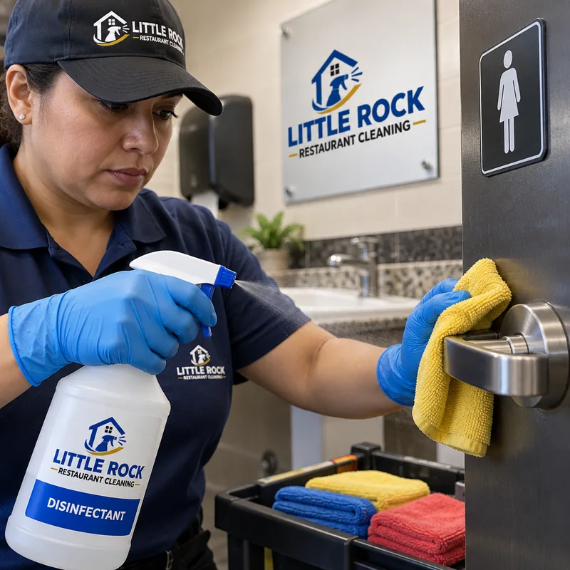 Gloved cleaner disinfecting a restaurant restroom touchpoint with color-coded microfiber cloths