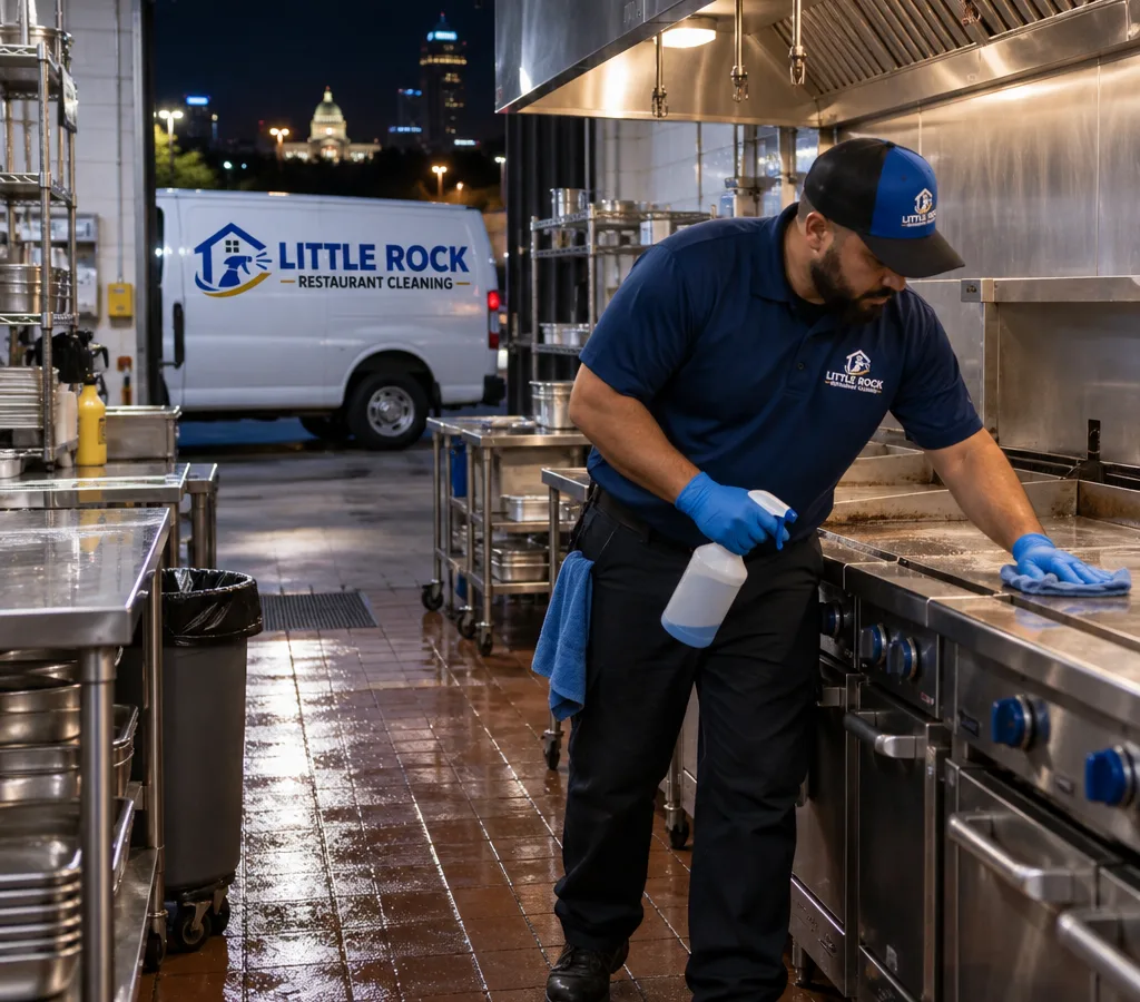 Night crew member cleaning and sanitizing a restaurant kitchen line after closing