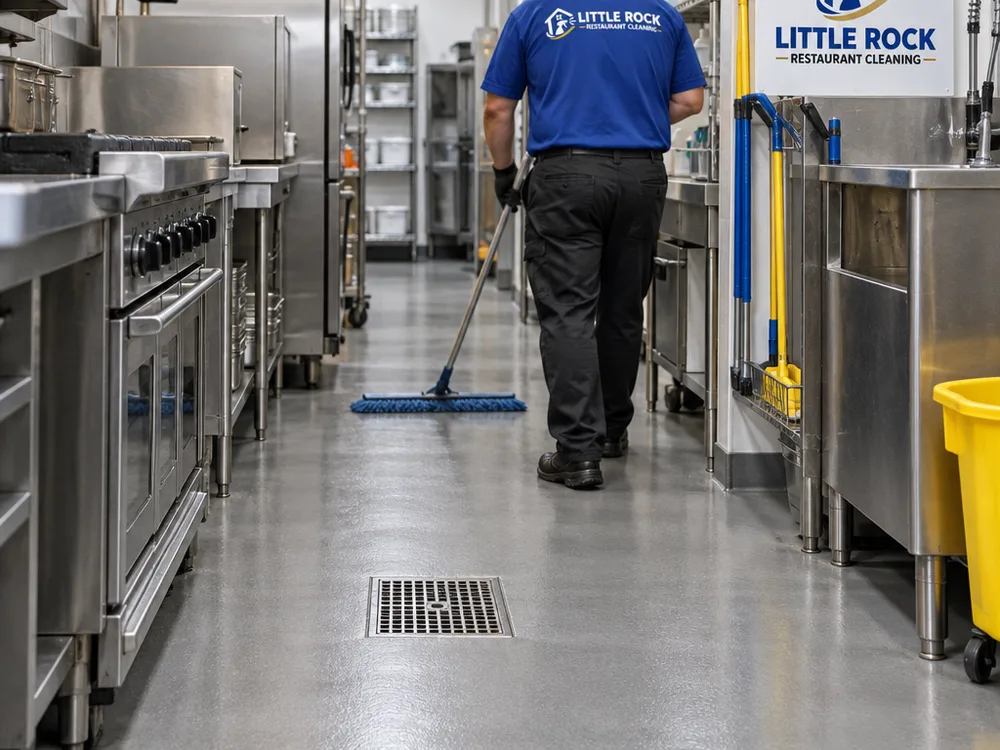 Clean back-of-house floor walkway, equipment edges, floor drain, and organized mop sink area