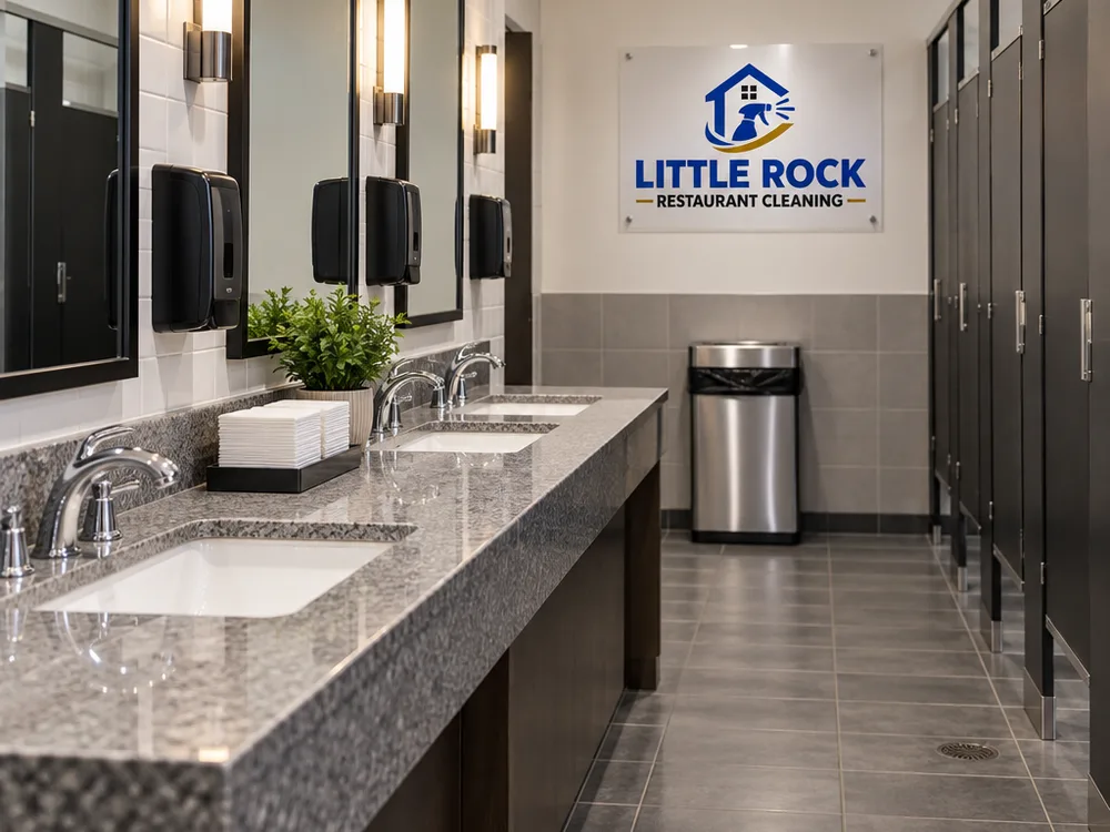 Restaurant restroom after cleaning with streak-free mirrors, stocked dispensers, clean floors, and emptied trash