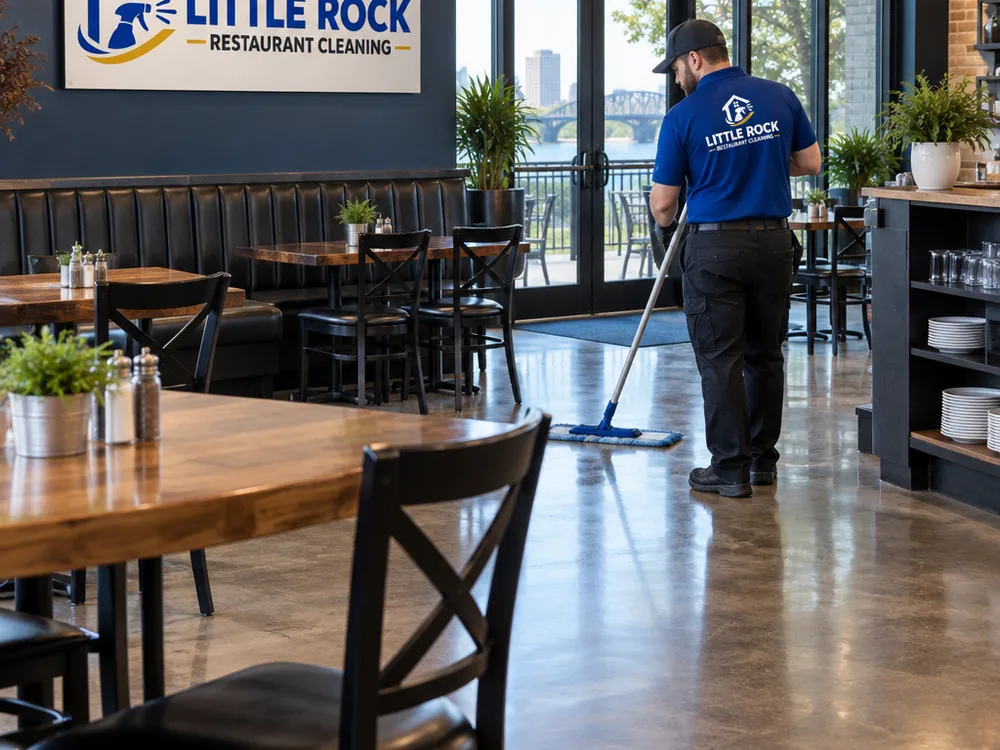 Restaurant dining room after overnight cleaning with clean floors, reset chairs, and clear entry glass