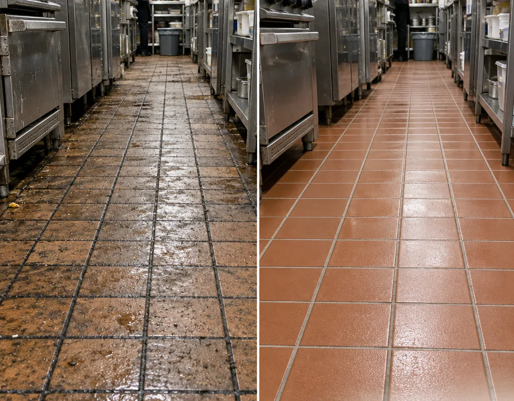 Before and after view of a restaurant kitchen traffic lane with cleaner grout and tile