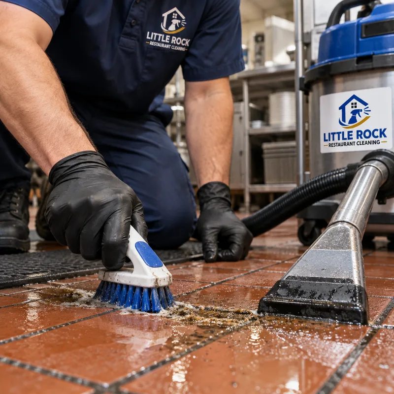 Grout-line agitation on restaurant quarry tile with a wet vacuum staged nearby