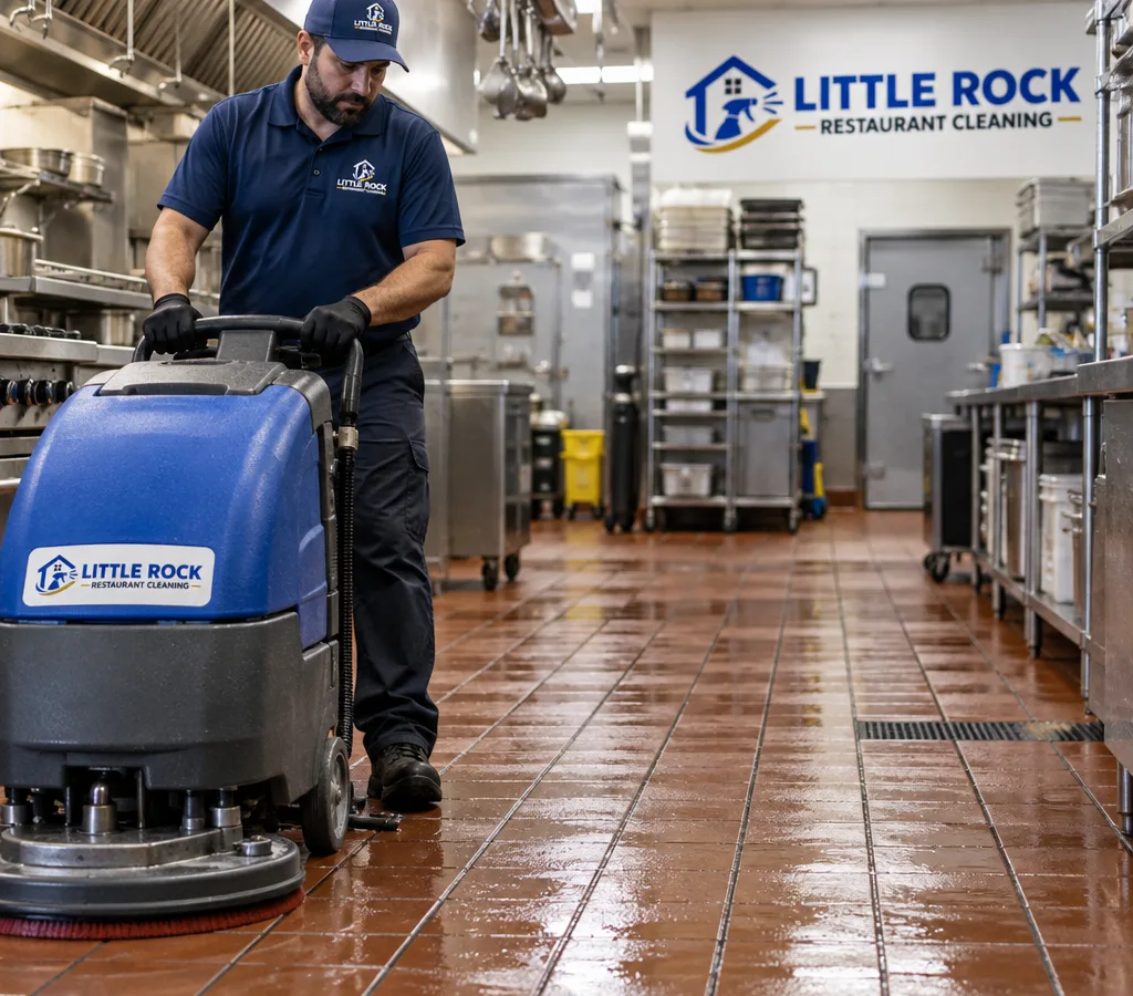 Technician operating a floor scrubber on quarry tile in a commercial kitchen after hours