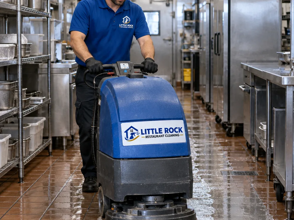 Technician operating a walk-behind autoscrubber in a commercial kitchen corridor