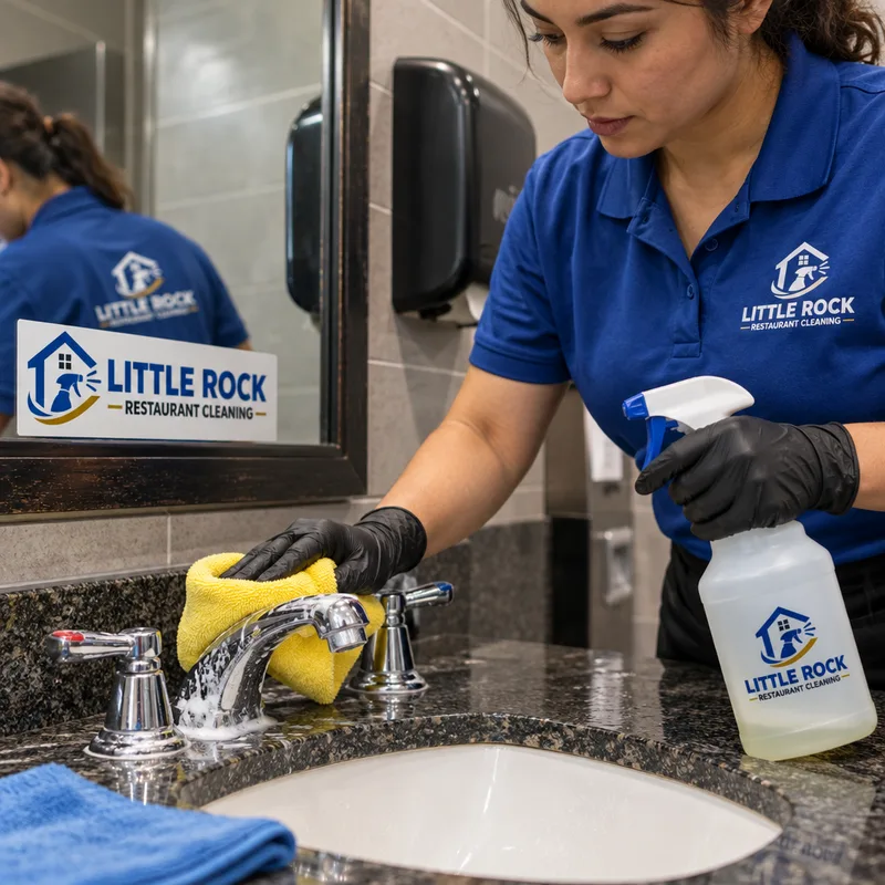 Cleaner disinfecting and scrubbing a restaurant restroom sink, faucet handles, and counter with color-coded cloths