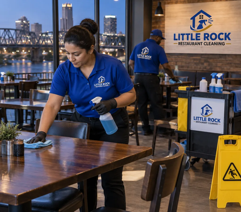 After-hours commercial cleaning crew sanitizing tables and high-touch points in a North Little Rock restaurant dining area
