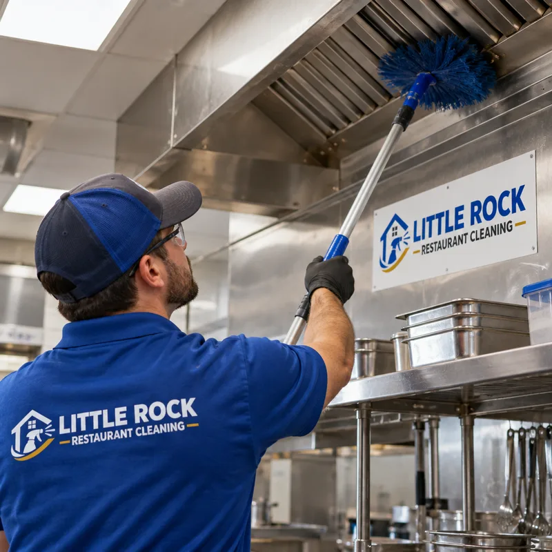 Technician high dusting a commercial kitchen ceiling vent and wall shelf with an extension tool