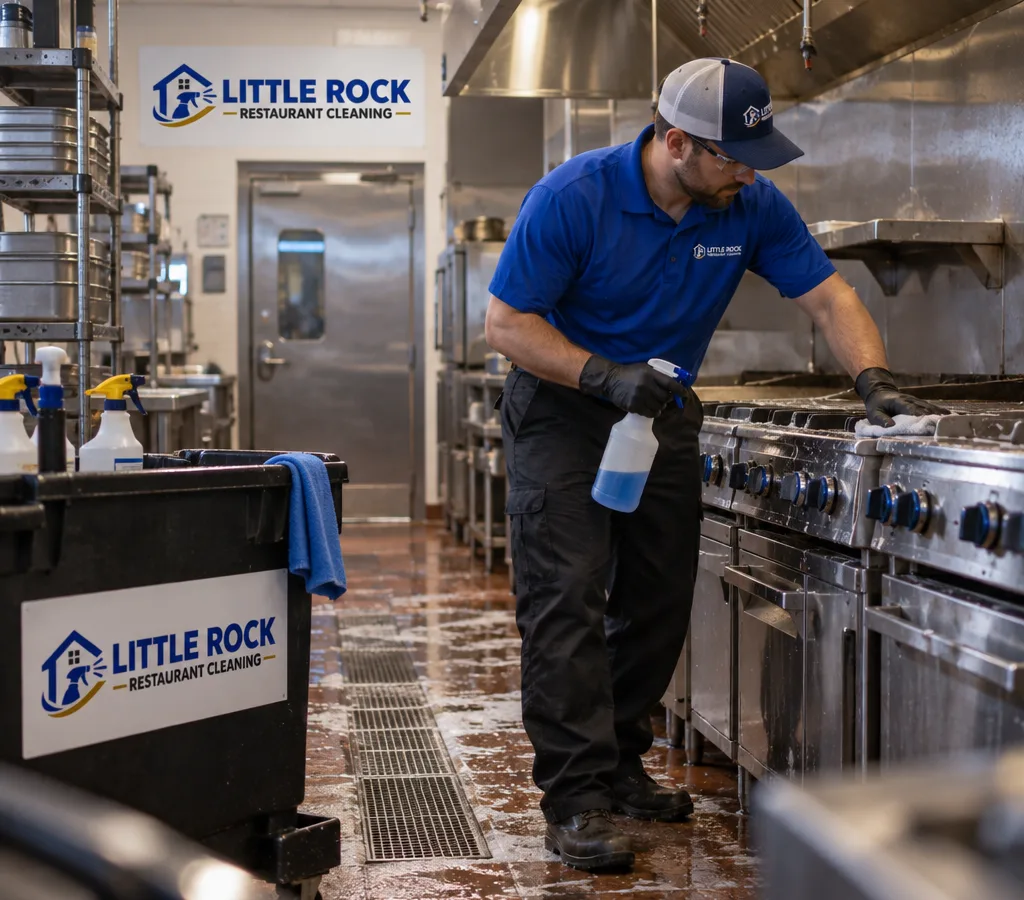 Technician in protective equipment cleaning a commercial restaurant kitchen line after hours