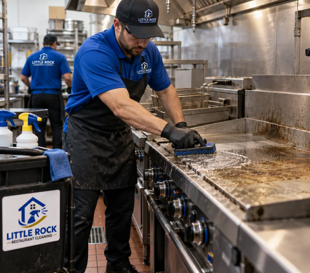 Technician in protective equipment degreasing stainless commercial cookline equipment in a restaurant kitchen