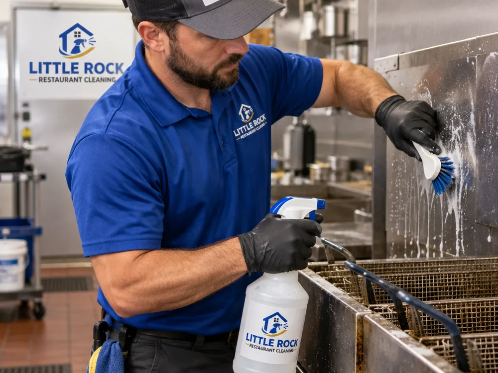 Technician detail-cleaning a commercial fryer exterior and stainless side splash with controlled degreaser application