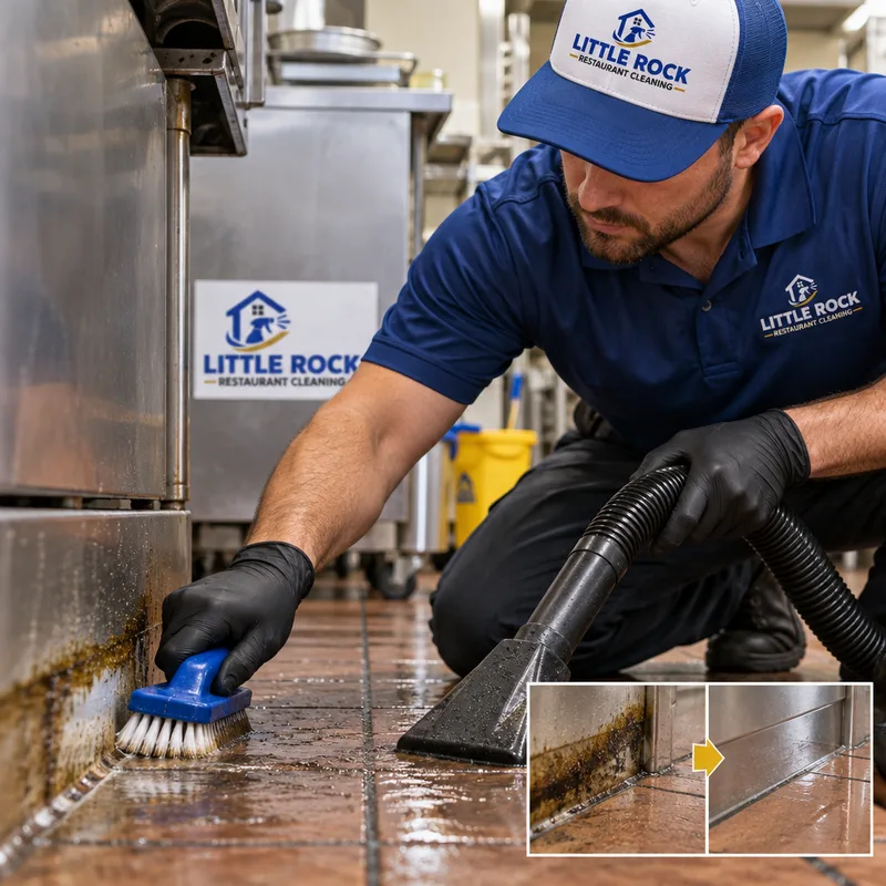 Technician removing a grease line from a commercial kitchen floor edge and baseboard behind equipment