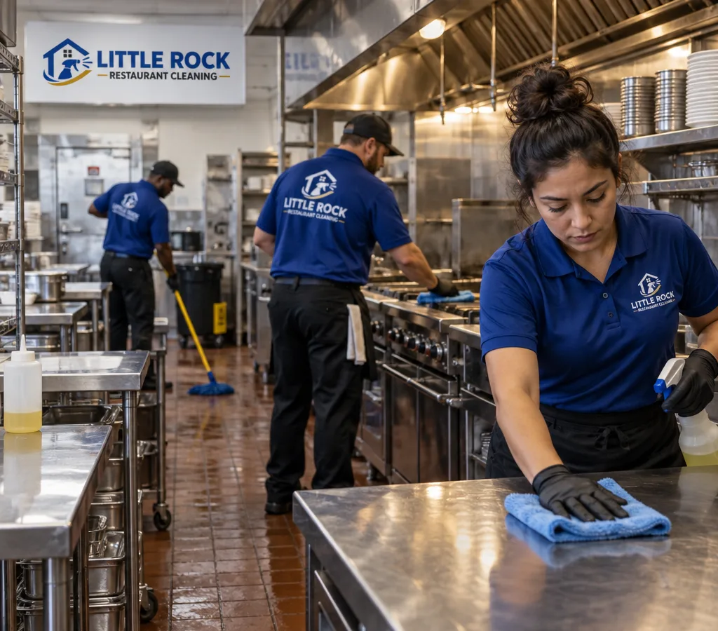 Evening commercial cleaning crew sanitizing a stainless prep and cook line in a working restaurant kitchen