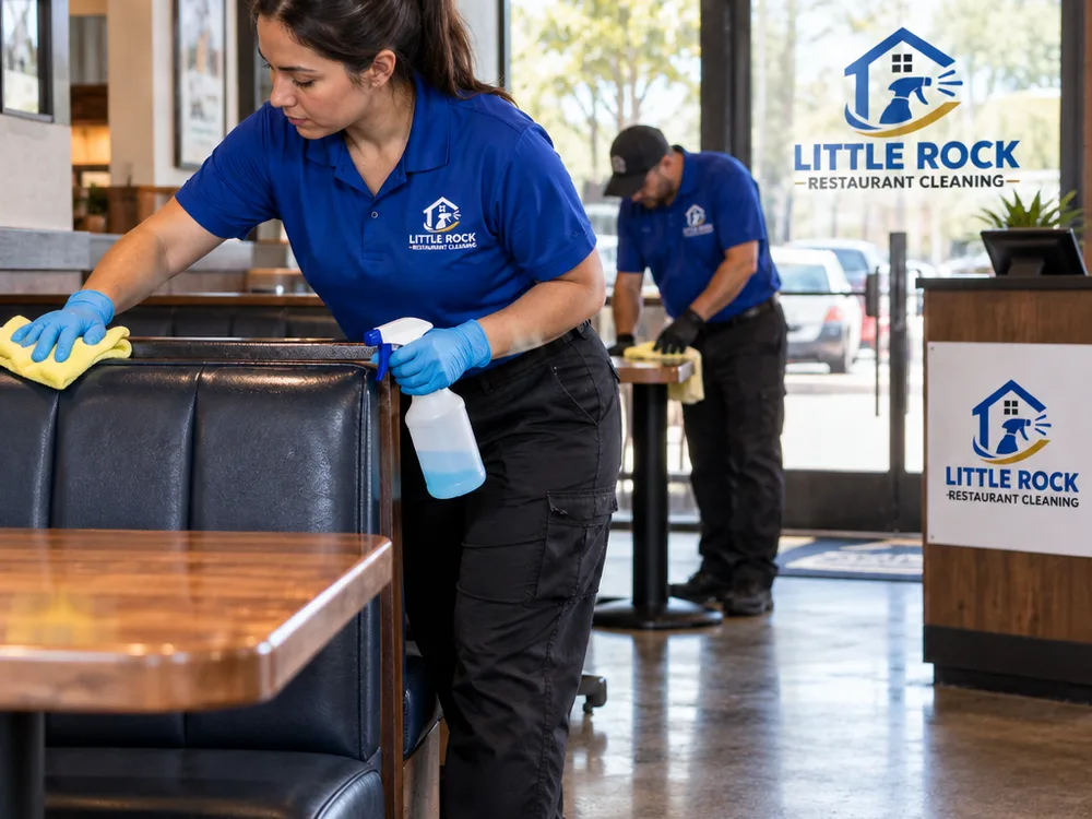 Technician cleaning booth backs and table bases in a restaurant dining area while floors dry