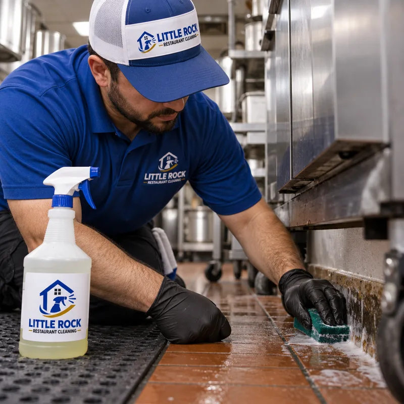 Technician hand-cleaning greasy baseboards and the floor edge behind movable commercial kitchen equipment
