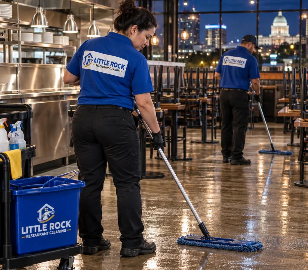 After-hours cleaning crew mopping a commercial restaurant dining area with chairs flipped on tables and clean stainless surfaces