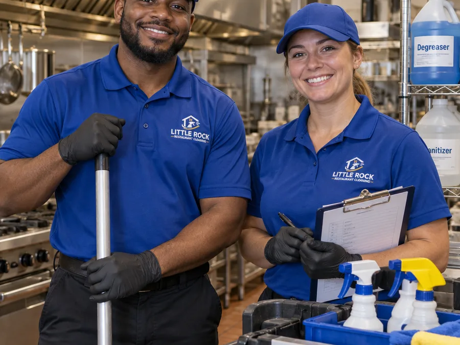 Two uniformed restaurant cleaners with supplies and a clipboard in a commercial kitchen