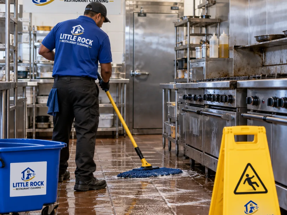Cleaner mopping and degreasing a commercial kitchen floor near the cook line